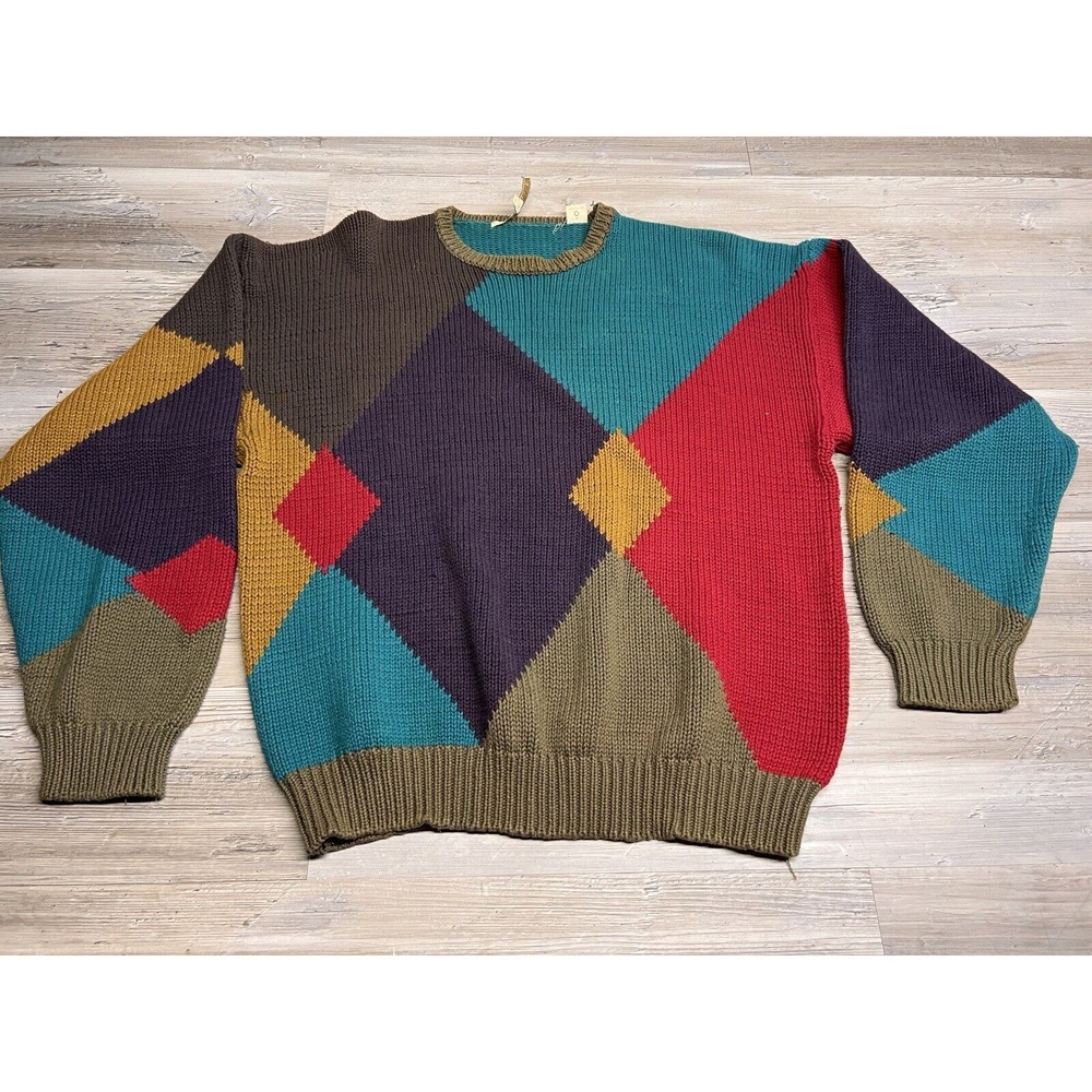 Vintage Sweater 90s Colorblock Maximalism Chunky Diamond Perry Ellis XL